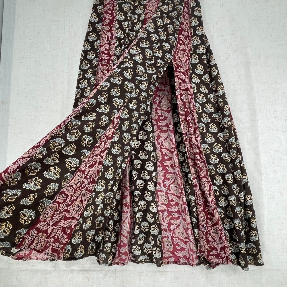 Natural Life XL Brown Burgundy Floral Block Print Godet Maxi Skirt Boho A-Line